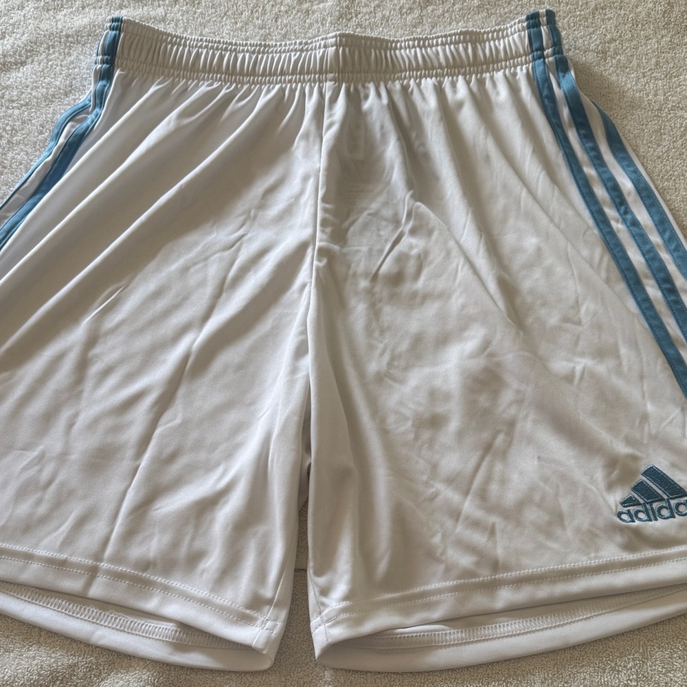 Adidas Crisp White Athletic Shorts with Carolina Blue Stripes